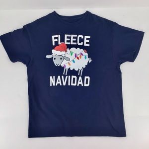 V Fifth Sun Navy Fleece Navidad Santa Sheep Holiday Christmas Tee T-Shirt L